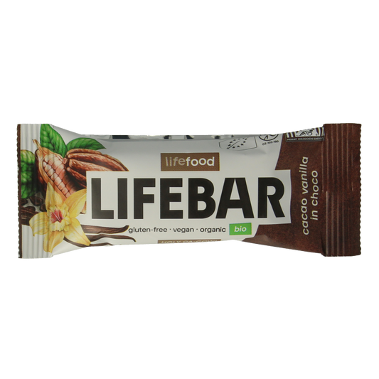Lifefood Lifebar inchoco chocolade vanille raw bio snack, 40g, showcasing the chocolate and vanilla flavored raw organic bar.
