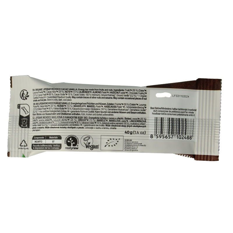Lifefood Lifebar inchoco raw organic chocolate vanilla snack, 40g, with chocolate and vanilla flavor in a natural, wholesome bar.