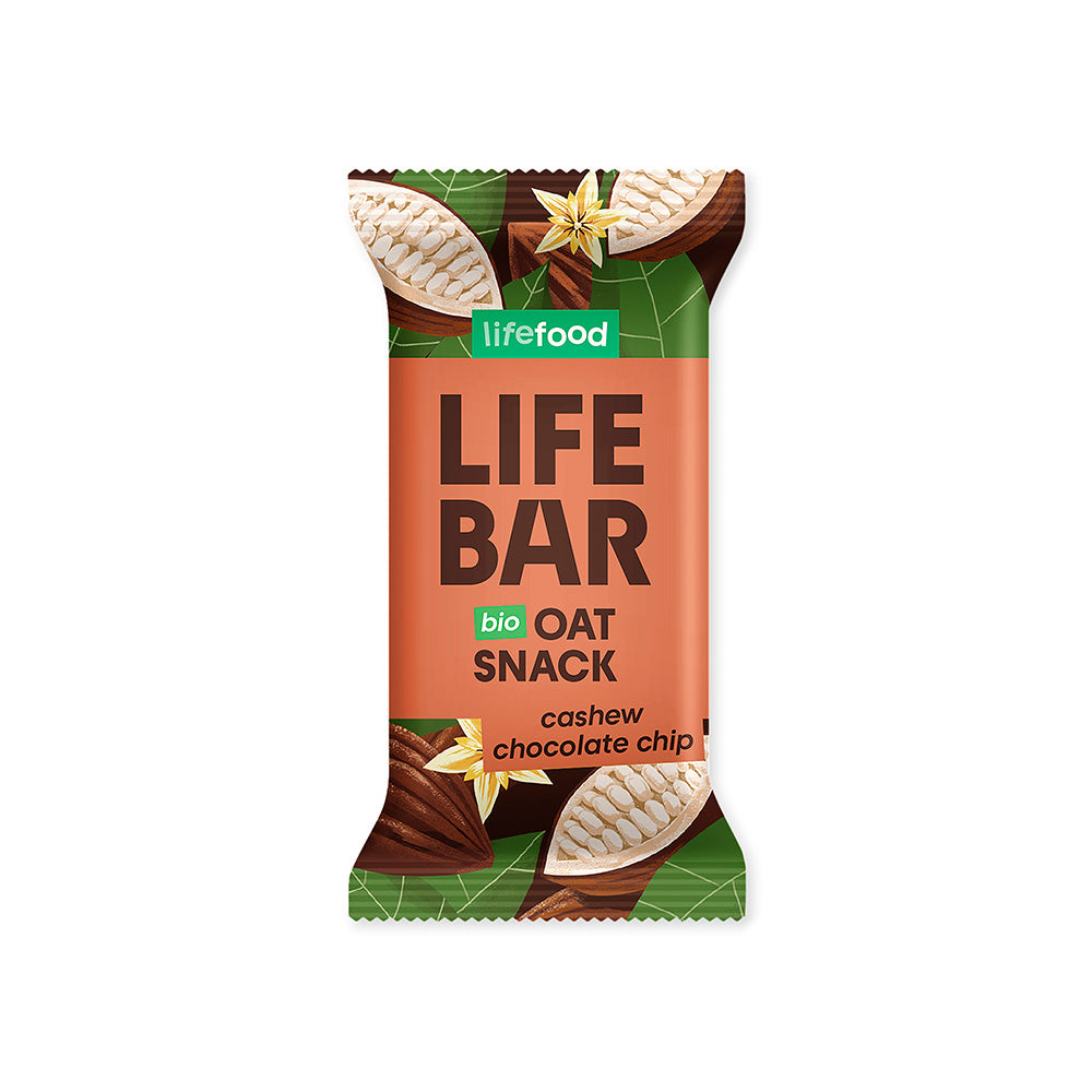 Lifefood Lifebar oatsnack chocolate chip bio snack bar with oats and chocolate chips, 40 grams, natural and organic ingredients.