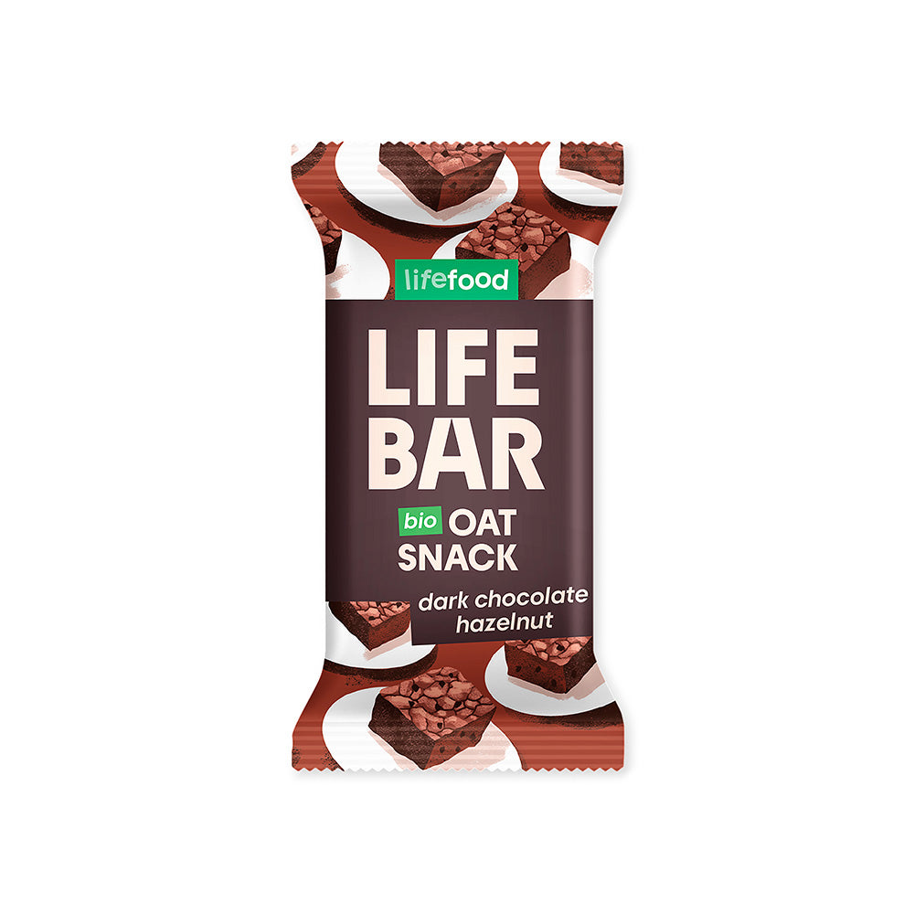 Lifefood Lifebar oatsnack with pure chocolate and hazelnuts, organic snack bar in 40g packaging, showing chocolate and hazelnut pieces.