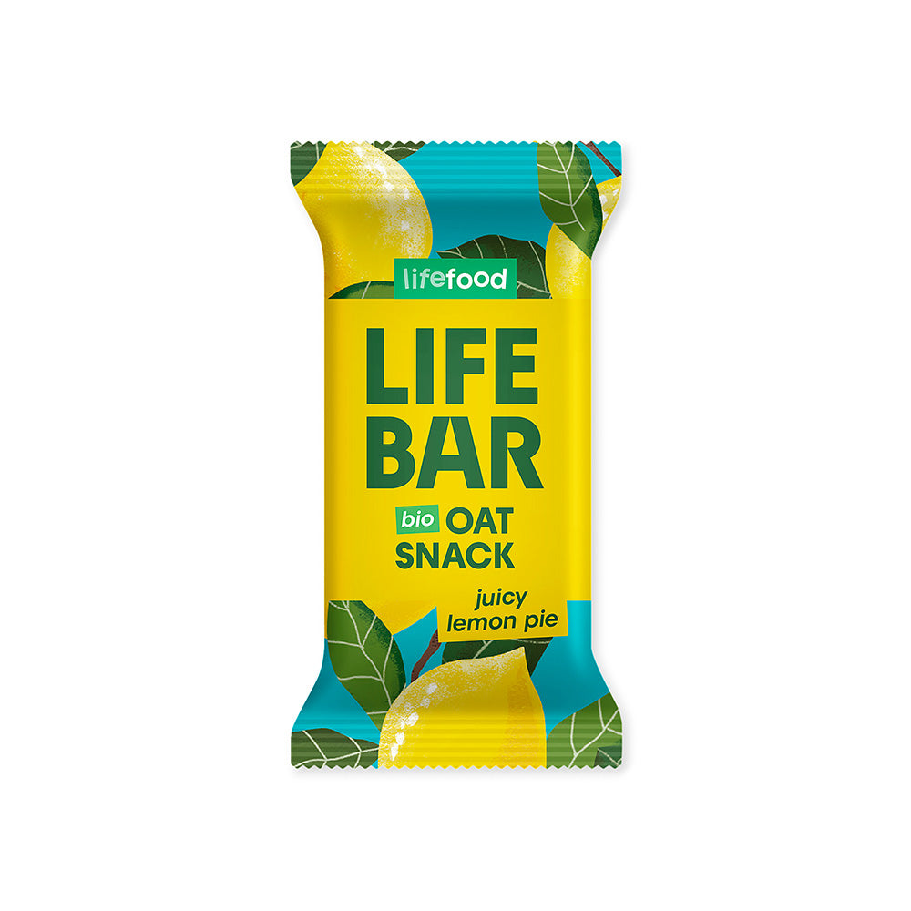 Biologische Lifefood Lifebar oatsnack citroen, 40g, showing the oat bar with lemon flavor packaging and natural ingredients.