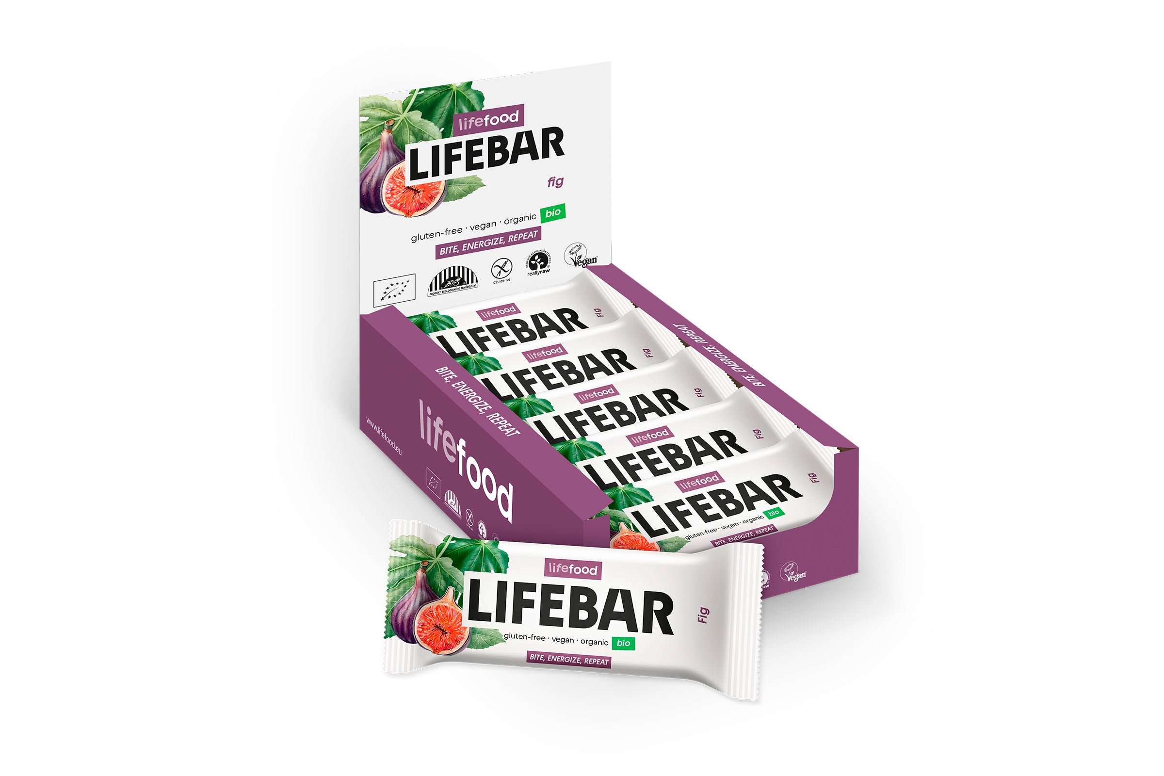 Lifefood Lifebar energiereep vijg, raw and bio superfood snack, 40g, featuring fresh dried figs in a natural packaging.