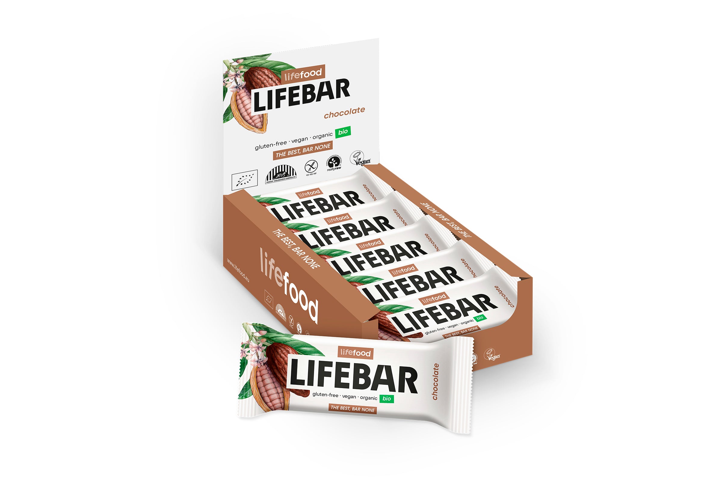 Lifefood Lifebar chocolade bio raw snack bar, 40 grams, with chocolate flavor and organic ingredients, shown in the image.