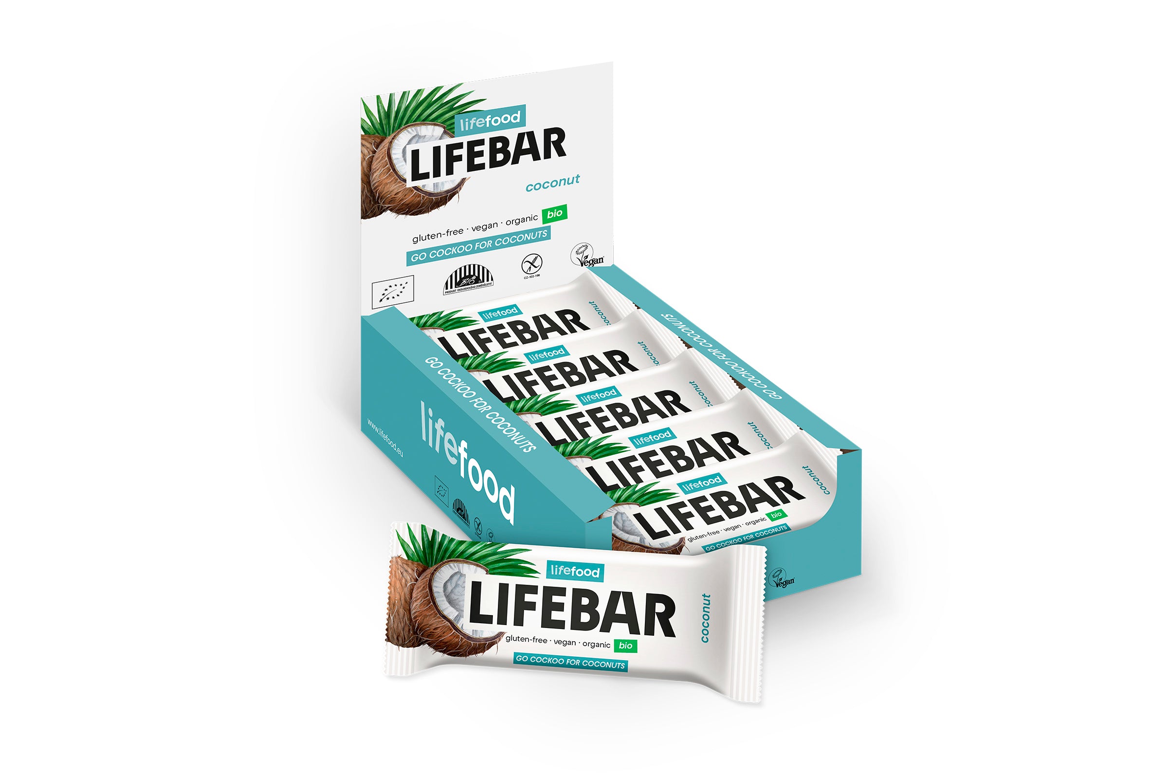 Organic coconut Lifebar snack from Lifefood, 40g, with visible shredded coconut pieces and natural packaging.