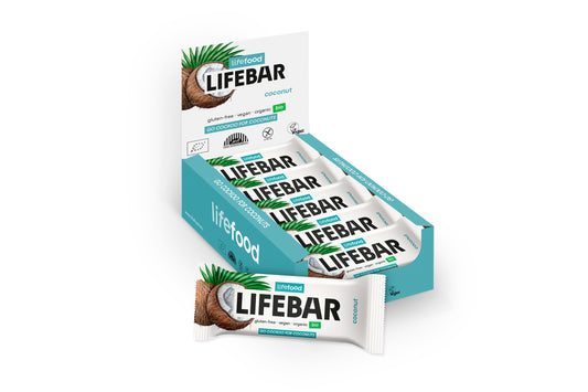 Organic coconut Lifebar snack from Lifefood, 40g, with visible shredded coconut pieces and natural packaging.