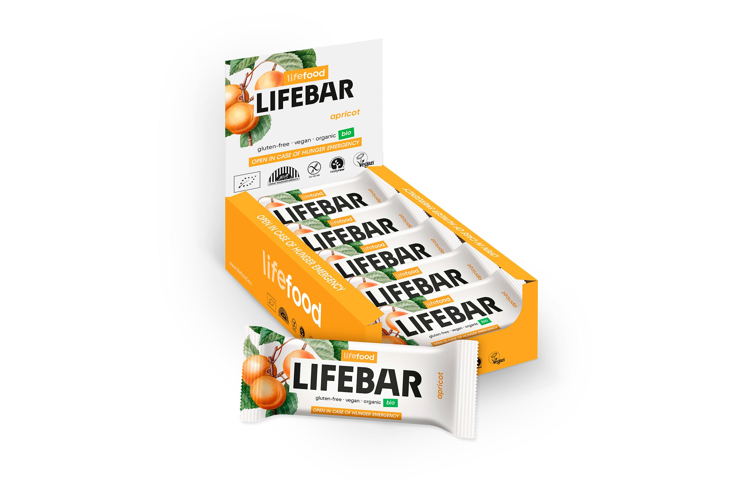 Lifefood Lifebar abrikoos bio raw snack, 40g, with dried apricots and natural ingredients, in a clear packaging.