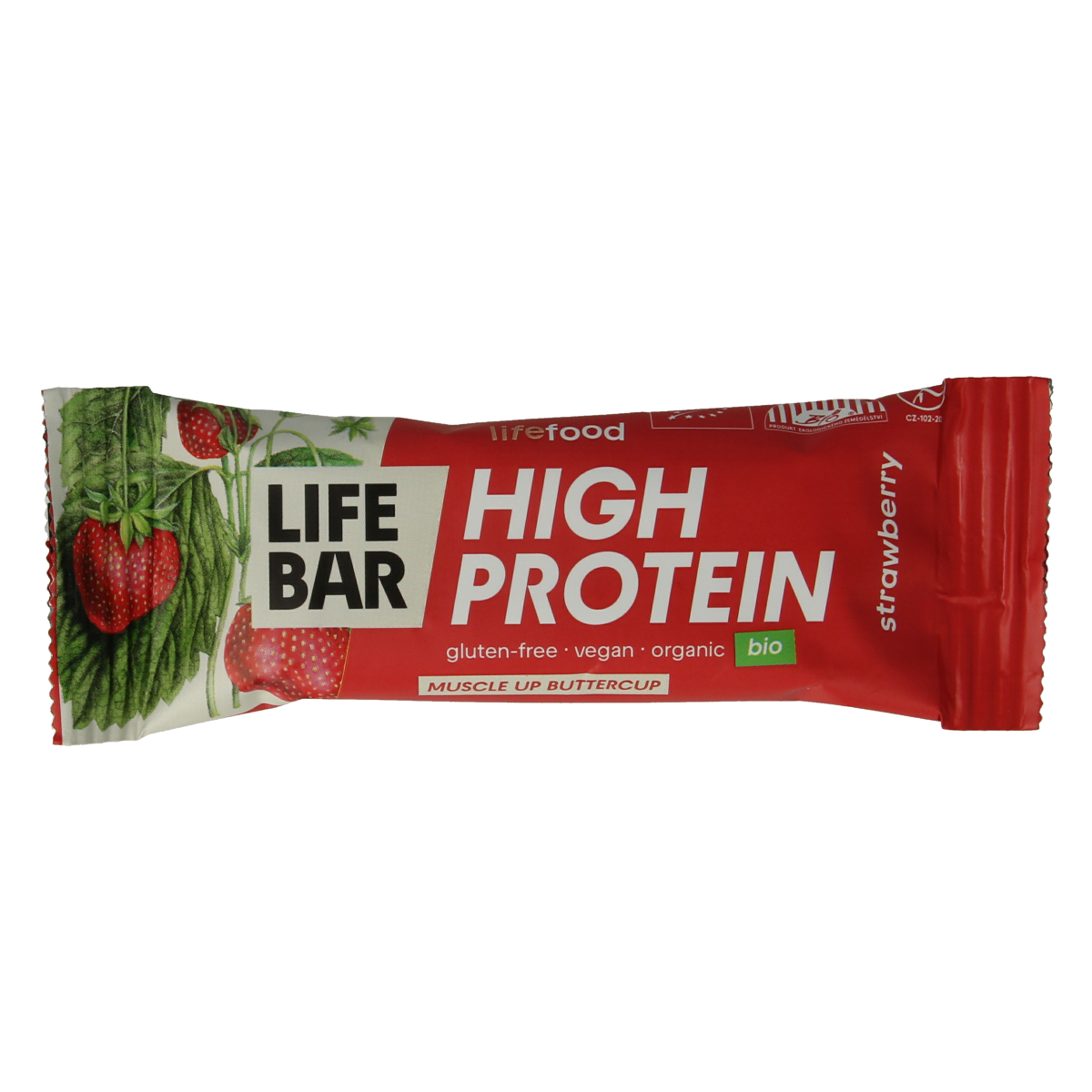 Lifefood Lifebar proteïne aardbei bio snack bar, 40g, with fresh strawberries and natural ingredients, in colorful packaging.