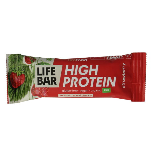 Lifefood Lifebar proteïne aardbei bio snack bar, 40g, with fresh strawberries and natural ingredients, in colorful packaging.