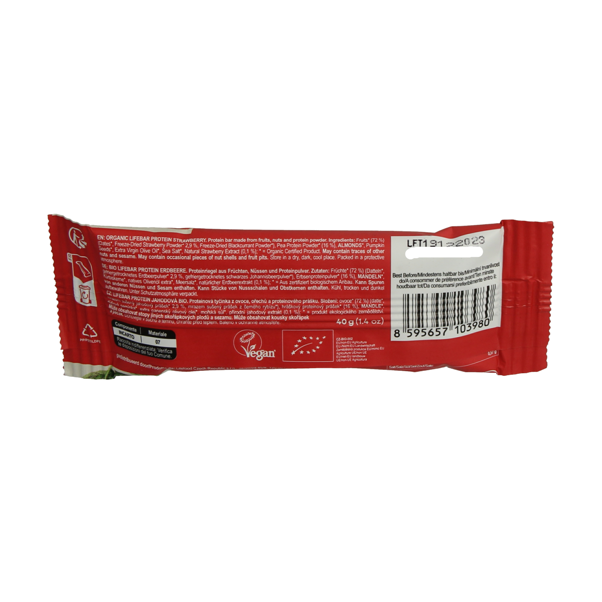 Lifefood Lifebar proteïne aardbei bio snack, 40g, showing a strawberry-flavored organic protein bar with fresh strawberries.