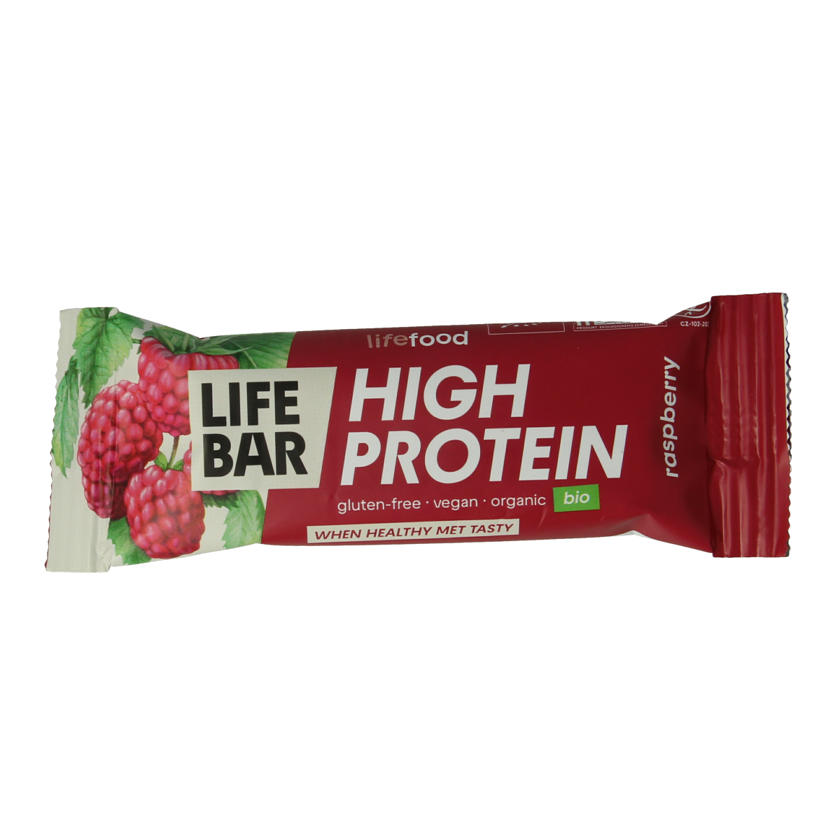 Organic raspberry protein snack bar by Lifefood, 40 grams, showcasing the textured bar with raspberry flavor pieces.