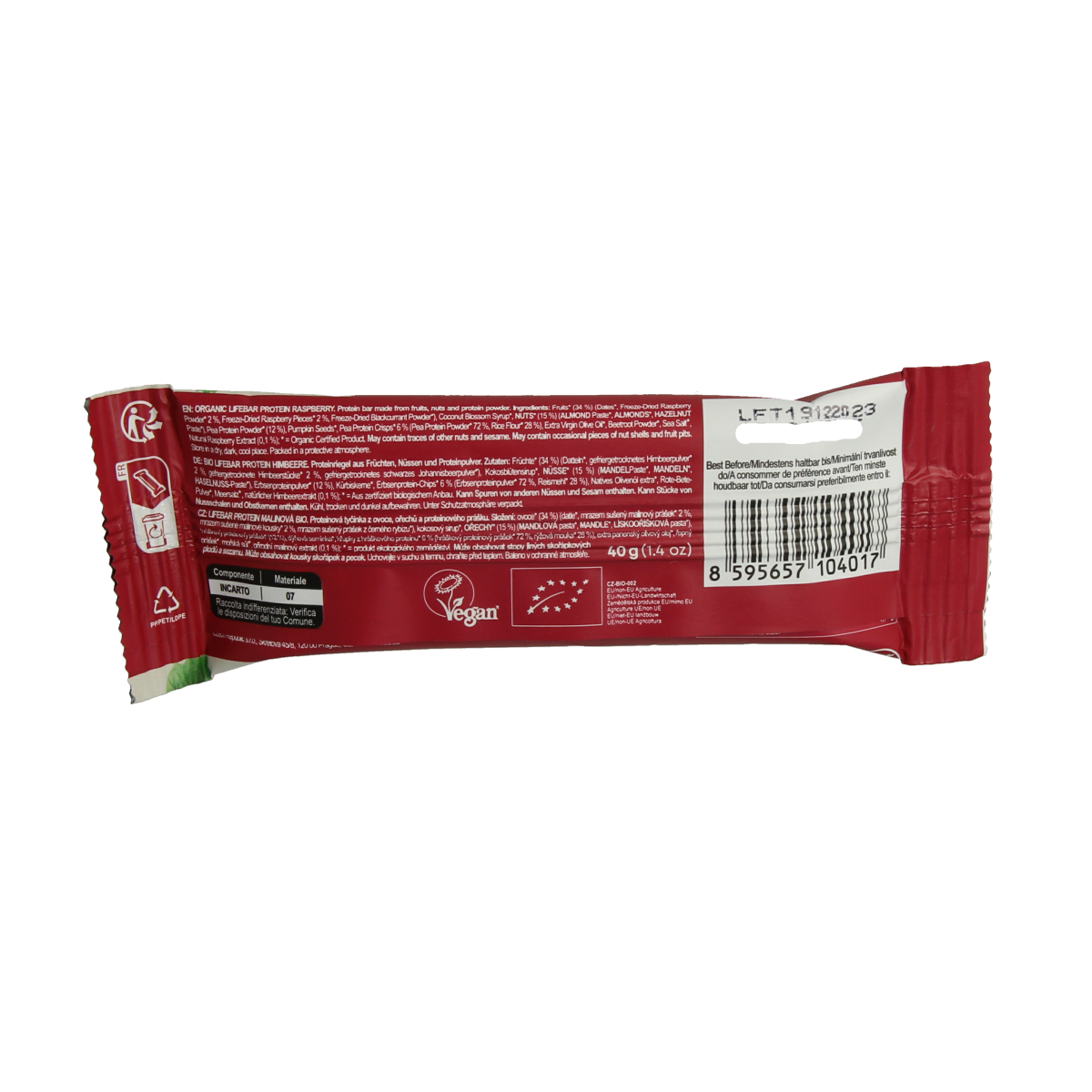 Organic raspberry Lifefood Lifebar protein snack, showing a close-up of the raspberry-flavored bar in clear packaging.