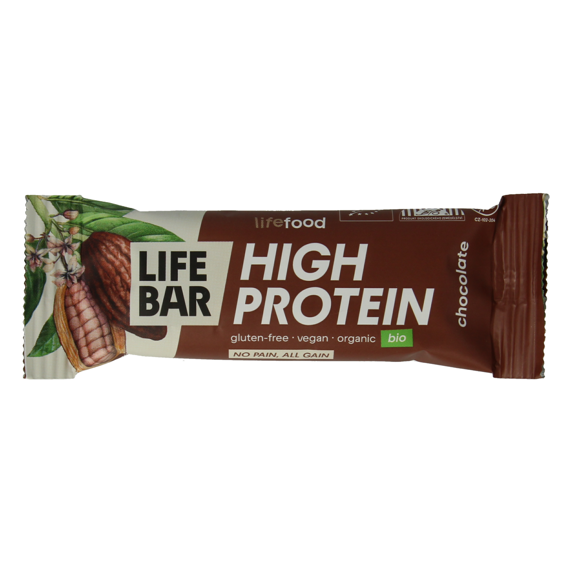 Lifefood Lifebar proteine chocolade bio snack bar, 40g, with chocolate flavor and organic ingredients, shown in the image.