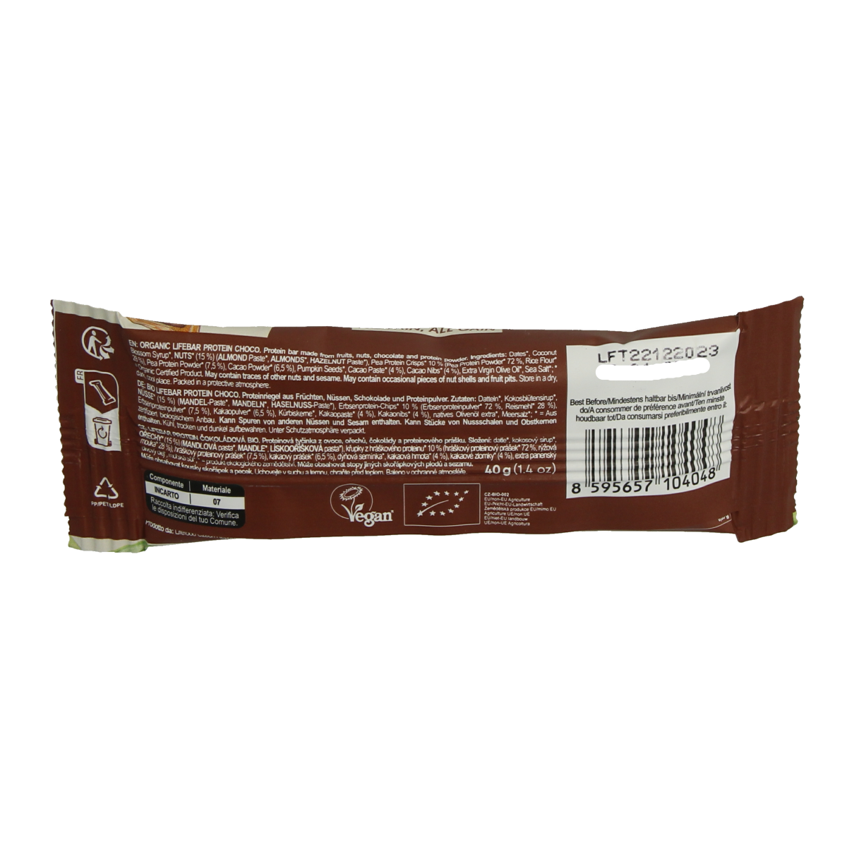 Lifefood Lifebar proteine chocolade bio snack bar, 40g, with chocolate flavor and organic ingredients, in a sealed packaging.