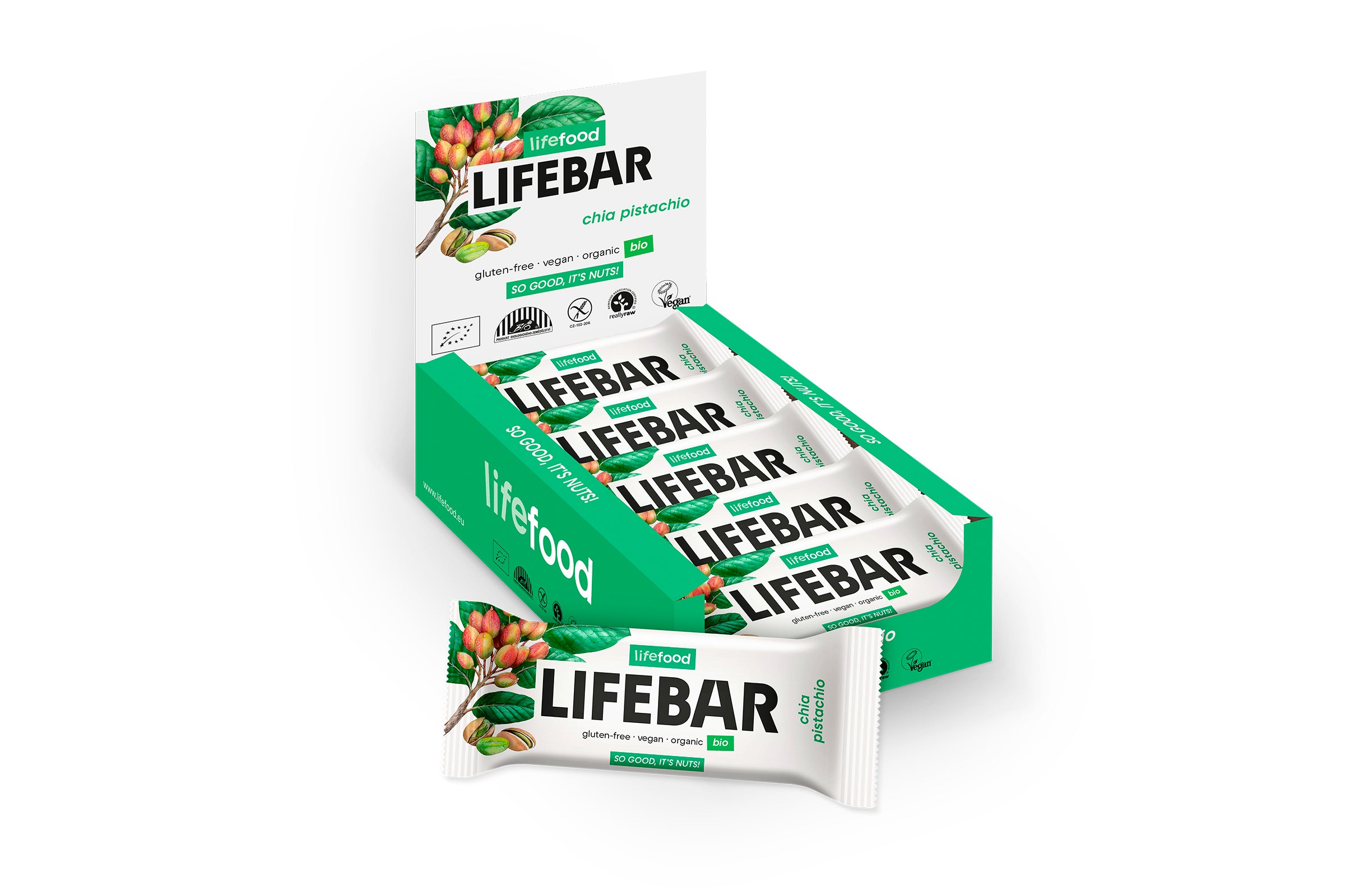 Lifefood Lifebar chia pistachio bio raw snack bar showing the packaged bar with chia seeds and pistachios on the front.