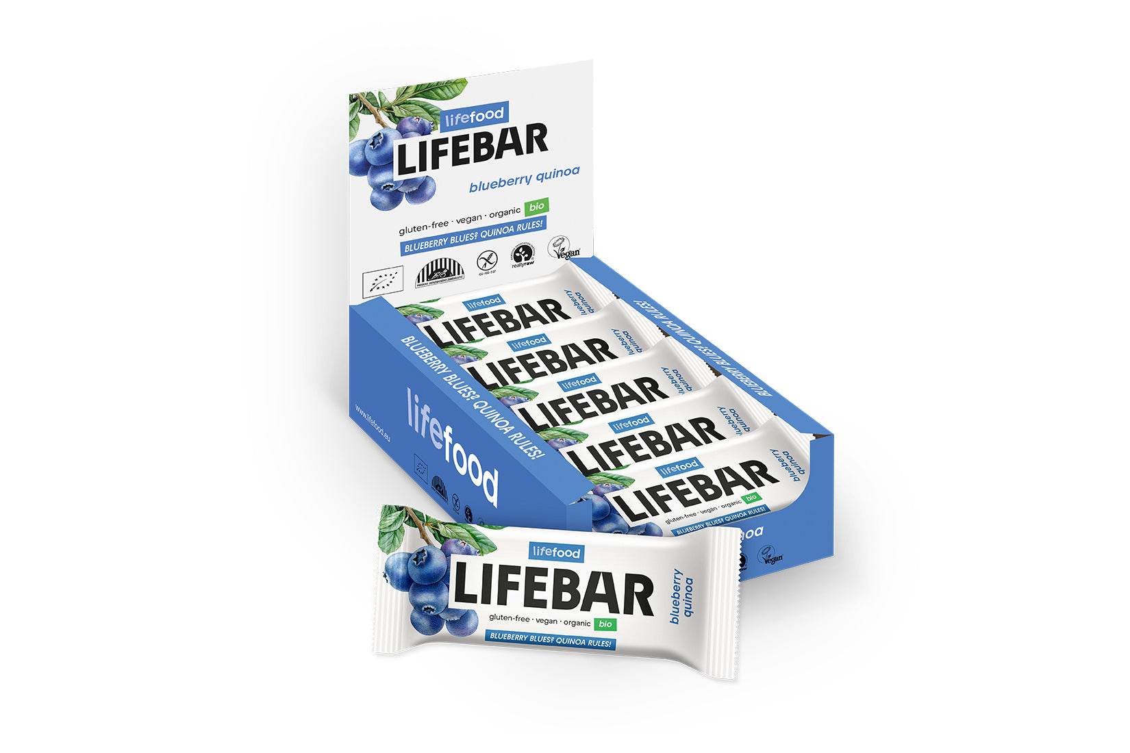 Lifefood Lifebar blueberry quinoa bio raw snack, 40g, featuring blueberries and quinoa in a natural, organic bar.