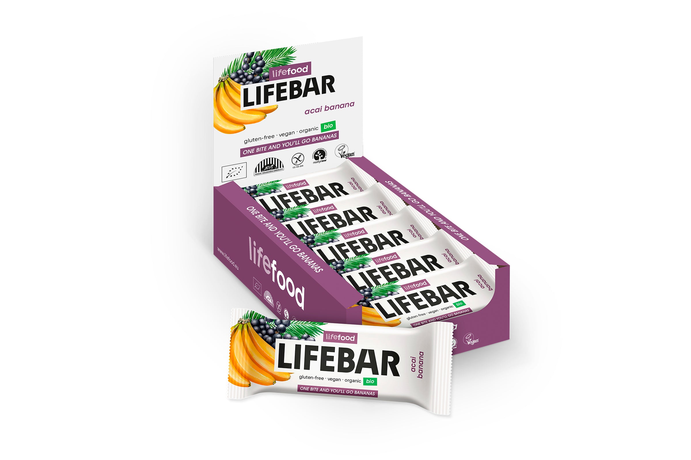 Lifefood Lifebar acai banana bio raw snack bar, 40g, showing the packaged organic fruit and nut bar with colorful label.