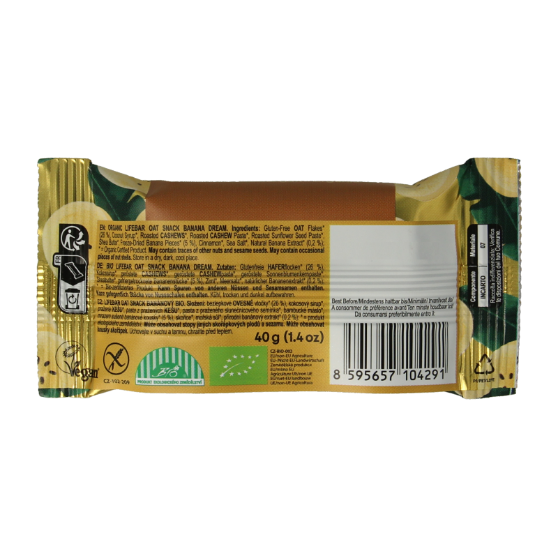 Lifefood Lifebar oatsnack Banana Dream bio snack bar with oats and banana flavor, 40 grams, on a plain background.