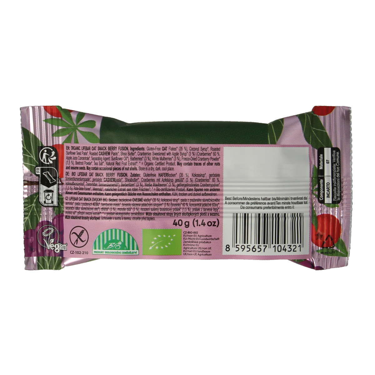 Lifefood Lifebar oatsnack Berry Fusion bio snack bar with oats and berries, 40 grams, natural organic ingredients.