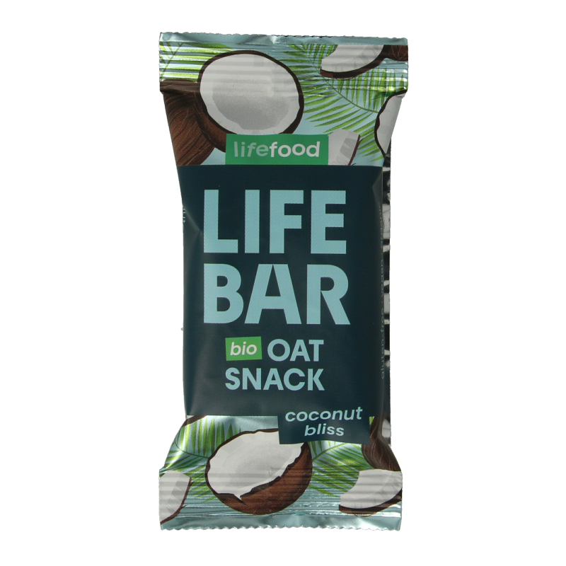 Organic Lifefood Lifebar oatsnack Kokos Bliss bio, 40g, showing the coconut-flavored snack with oats and natural ingredients.