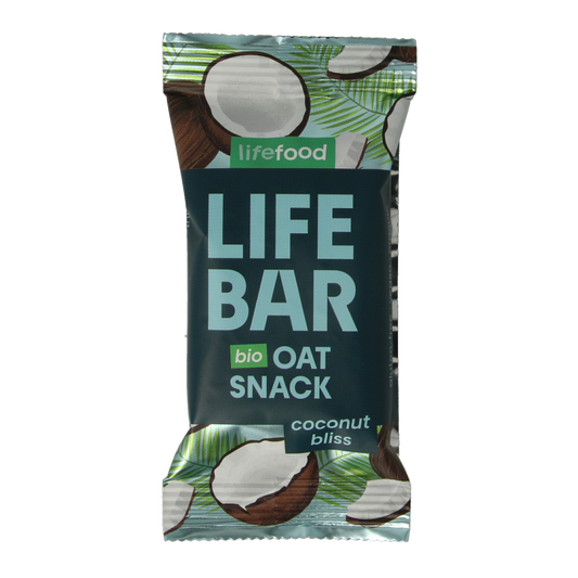 Organic Lifefood Lifebar oatsnack Kokos Bliss bio, 40g, showing the coconut-flavored snack with oats and natural ingredients.