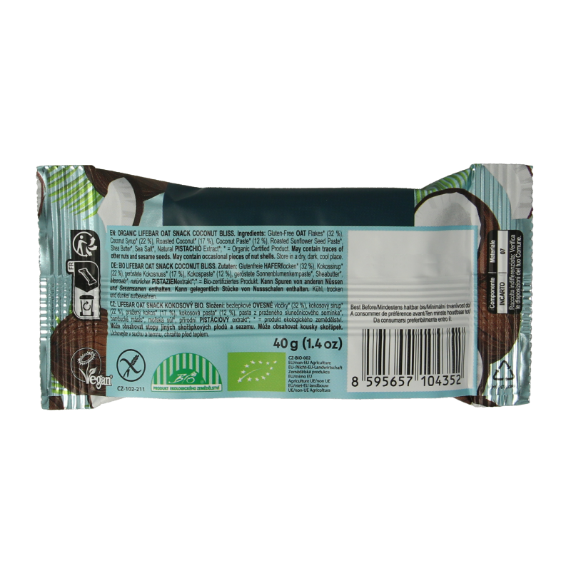 Lifefood Lifebar oatsnack kokos bliss bio, 40g, showing a close-up of the coconut-flavored organic snack bar.