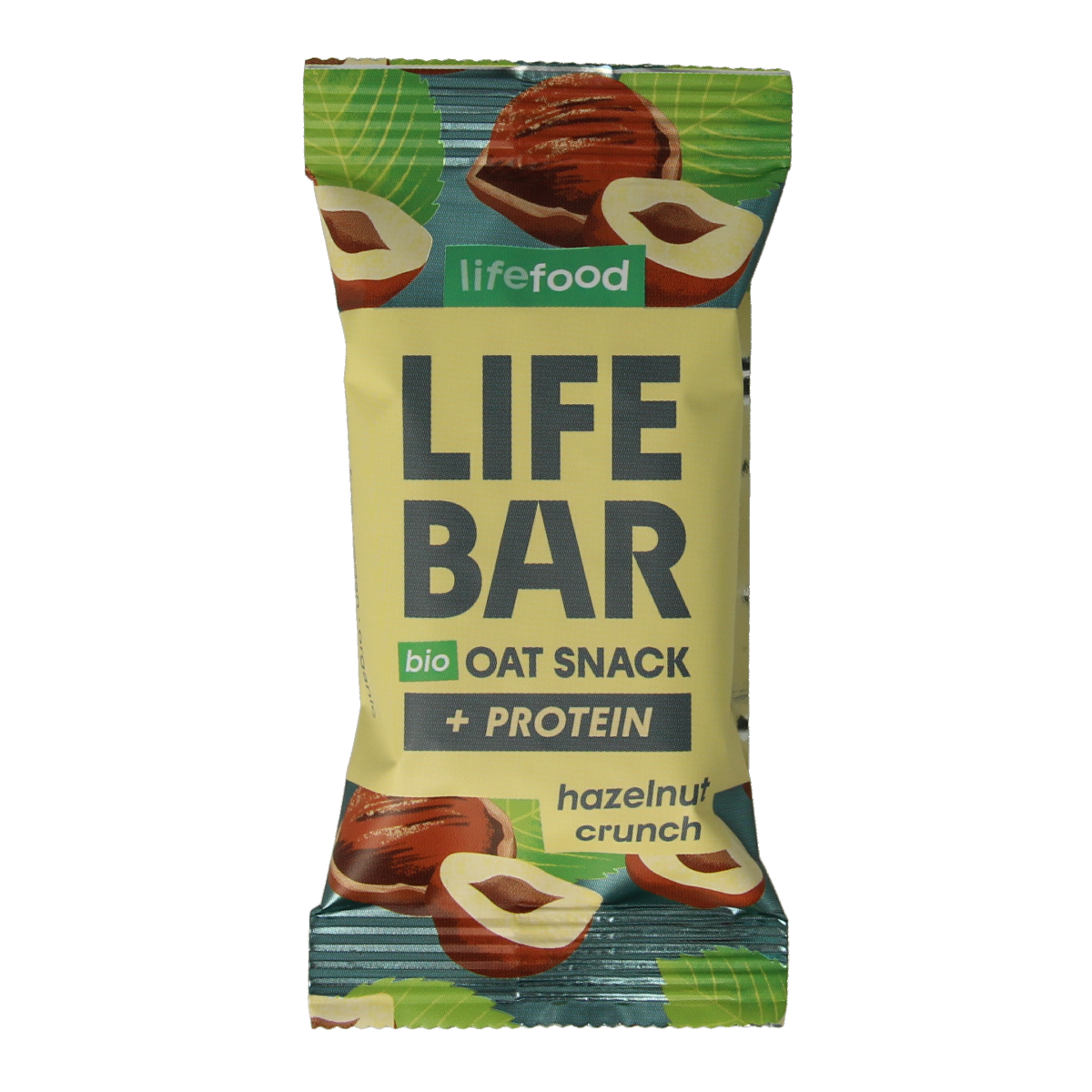 Lifefood Lifebar oatsnack proteine hazelnoot crunch bio, 40g, showing the crunchy hazelnut oat snack in a packaged bar.