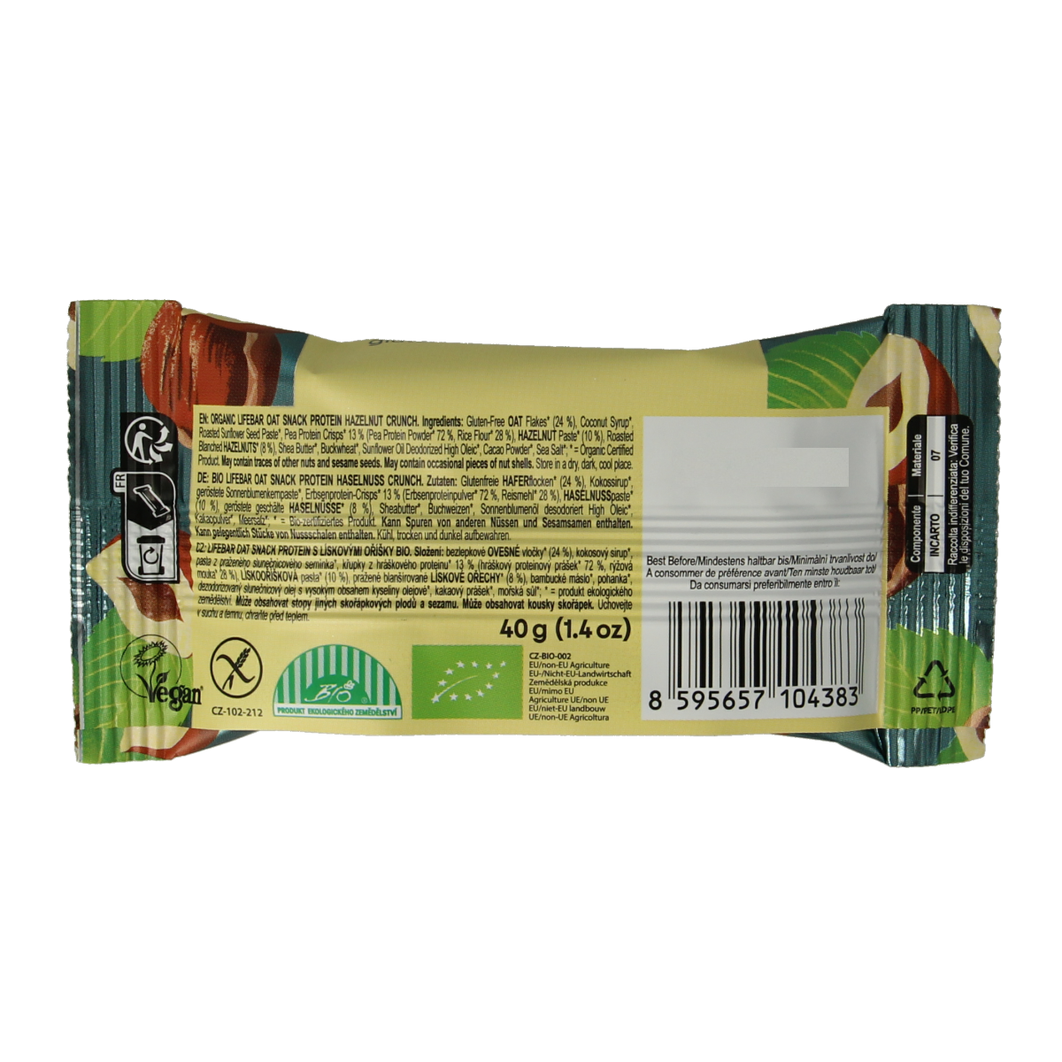 Lifefood Lifebar oatsnack proteïne hazelnoot crunch bio, 40g, showing a crunchy, nut-filled oat snack bar on a white background.