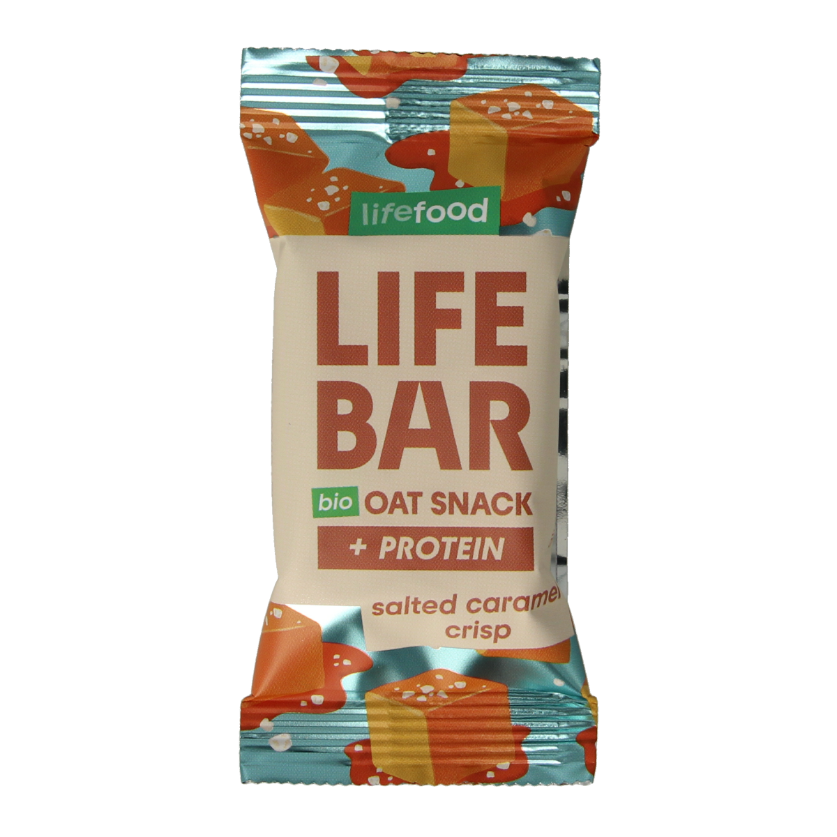 Lifefood Lifebar oatsnack with salted caramel and crisp texture, organic protein snack in 40g packaging.