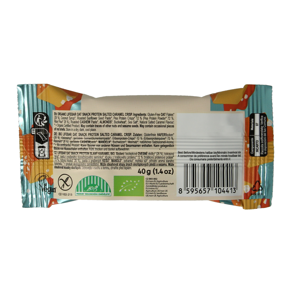 Lifefood Lifebar oatsnack proteine salted caramel crisp bio, 40g, showing a close-up of the gluten-free, organic snack bar with caramel flavor.
