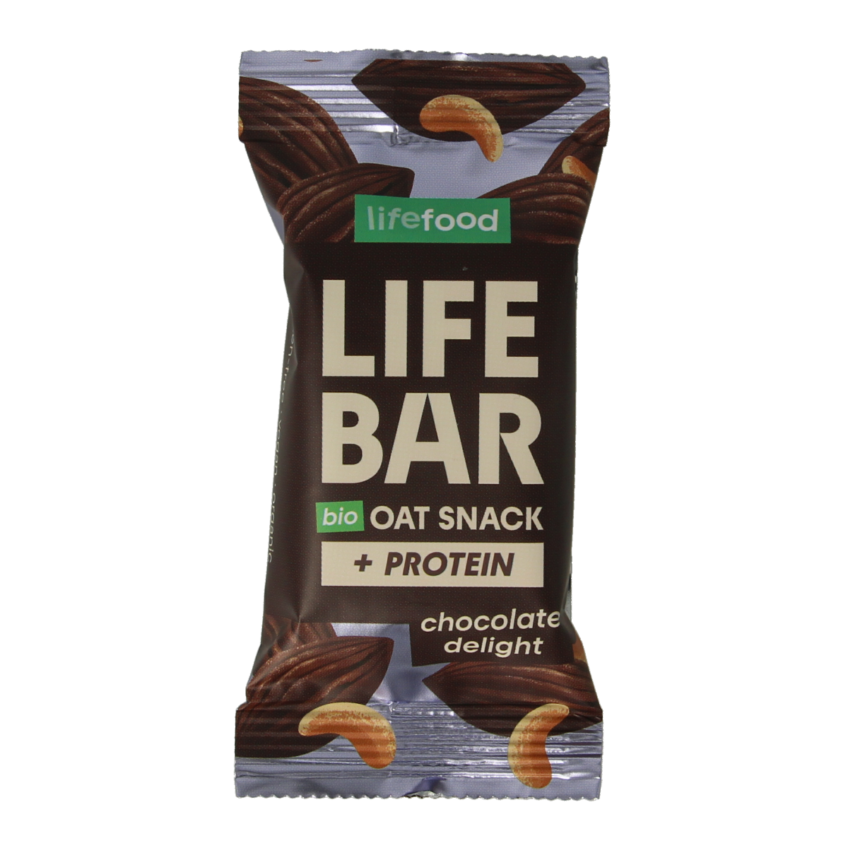 Lifefood Lifebar oatsnack protein chocolate delight bio, 40g, showing a chocolate-flavored oat snack bar.