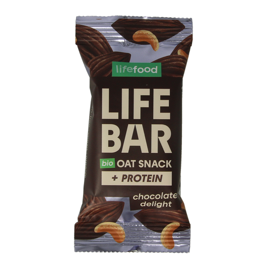 Lifefood Lifebar oatsnack protein chocolate delight bio, 40g, showing a chocolate-flavored oat snack bar.