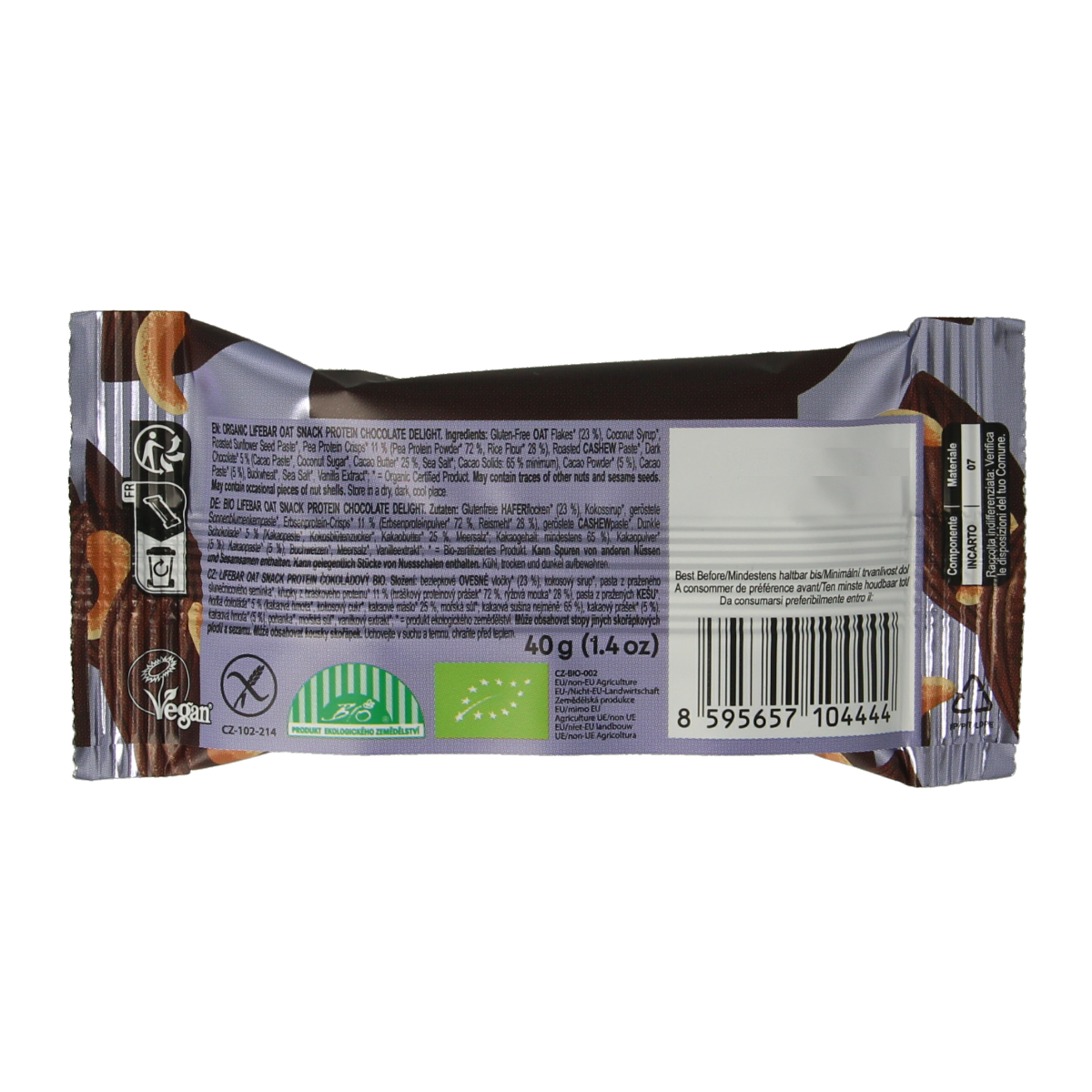 Lifefood Lifebar oatsnack chocolate delight bio, a 40g organic snack bar with oats and chocolate, ideal for quick energy.