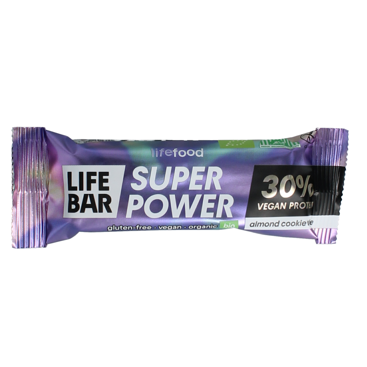 Lifefood Lifebar almond cookie bio sports nutrition bar, 40g, with visible almond pieces and natural packaging.