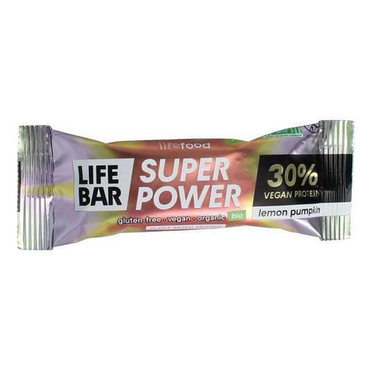 Lifefood Lifebar Lemon Pumpkin bio sports nutrition bar, 40g, showing the lemon and pumpkin ingredients in the packaging