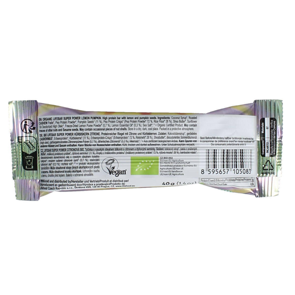 Lifefood Lifebar lemon pumpkin bio sport nutrition bar, 40g, showing the lemon and pumpkin ingredients on the packaging.