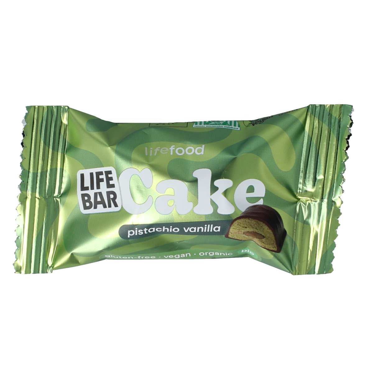 Lifefood Pistachio Vanilla Cake snack, 35g, with visible pistachio pieces and vanilla flavor in a colorful packaging.