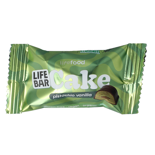 Lifefood Pistachio Vanilla Cake snack, 35g, with visible pistachio pieces and vanilla flavor in a colorful packaging.