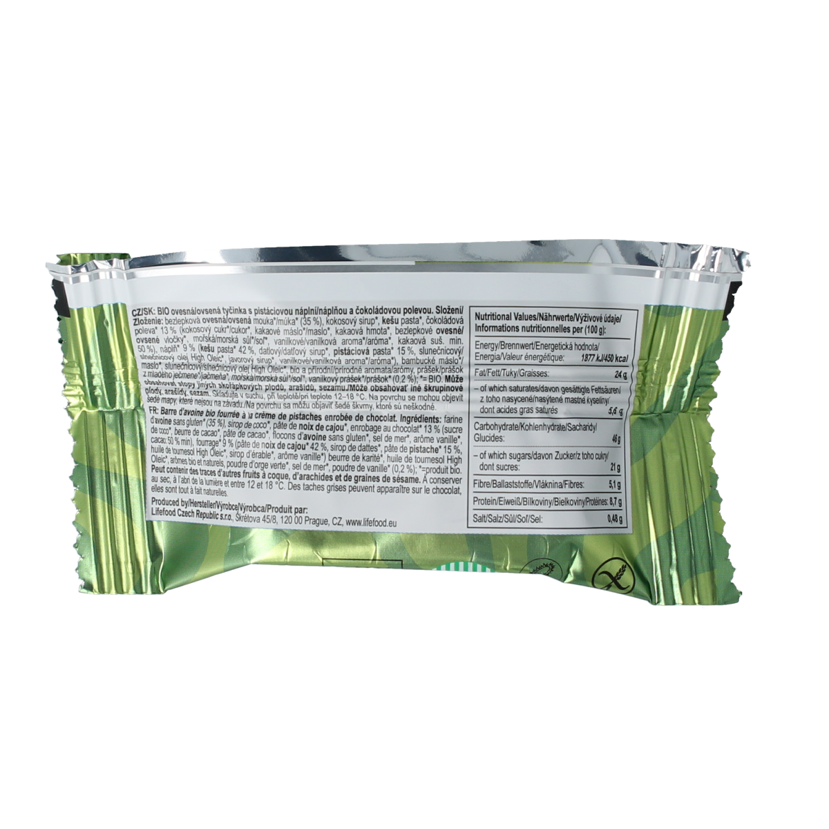 Lifefood pistachio vanilla snack cake, 35g, with visible pistachio pieces and vanilla flavor in a packaged treat.