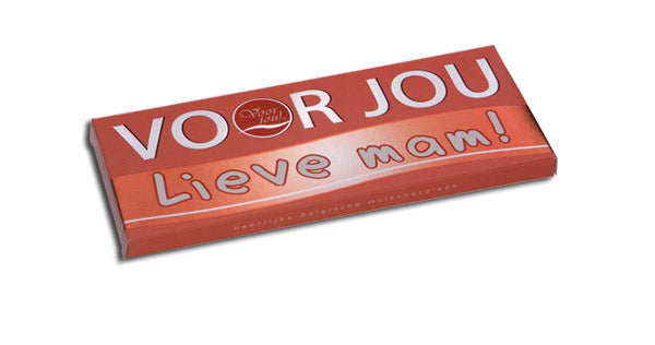 Voor Jou! melkchocolade wensreep voor lieve mam, 70 gram, showcasing a chocolate bar with festive packaging and a heartfelt message.