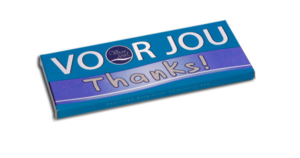 Voor Jou! Wensreep melkchocolade in 70g wrapper, featuring chocolate bar with "thanks" message and colorful packaging.
