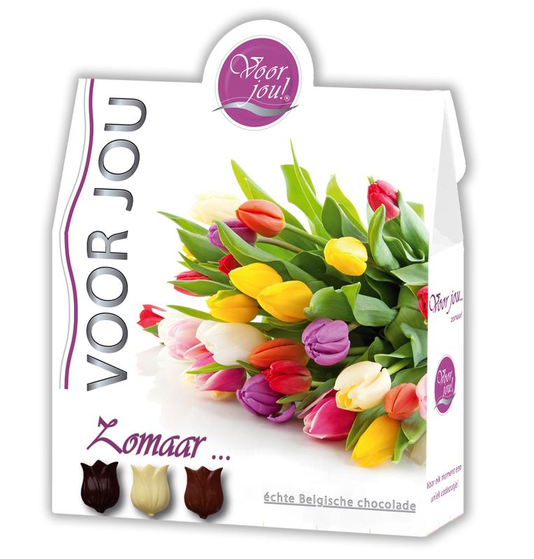 Voor Jou! trendy chocolate gift box with 100 grams of colorful flower-shaped chocolates in a decorative packaging.