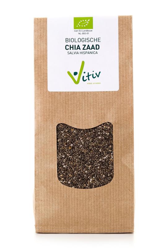 Organic Vitiv Chiazaad bio, 500g, raw superfood seeds shown in a clear package on a white background.