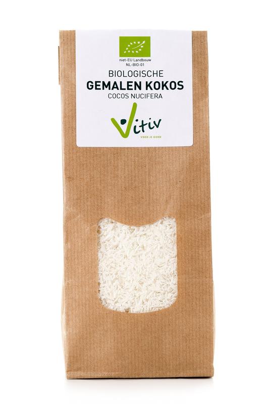 Vitiv organic grated coconut in 500g package, fresh and shredded coconut for cooking and baking.