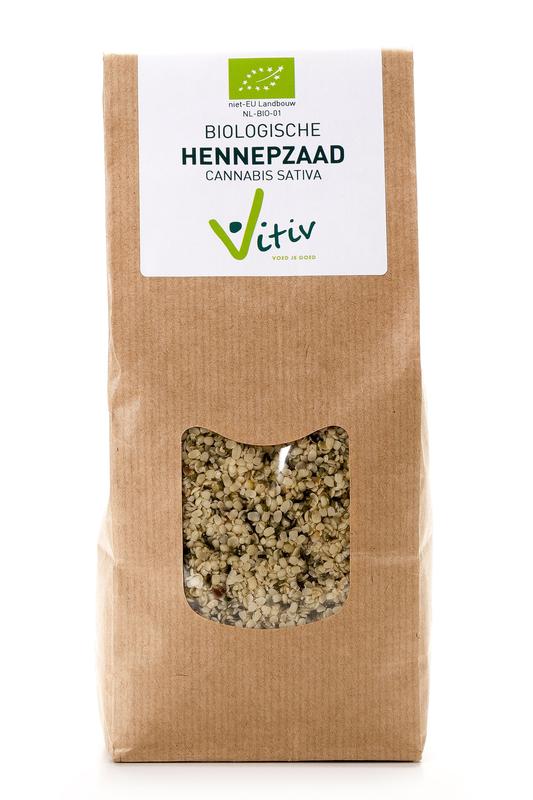 Vitiv organic hemp seeds in a 500g package, raw superfood with green hemp seeds visible in a clear container.