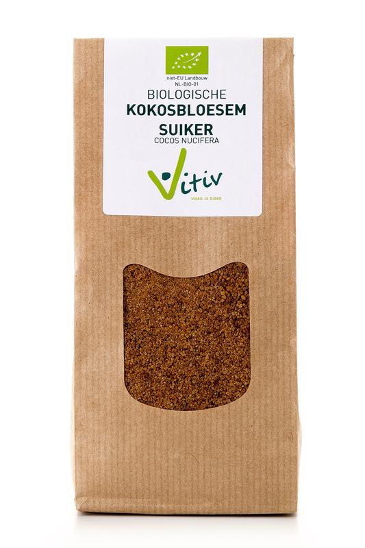 Vitiv biologisch kokosbloesemsuiker in 500g pack, natural sweetener with golden crystals, ideal for baking and beverages