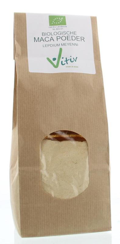 Vitiv Maca powder bio in a 500g package, raw superfood supplement with vibrant orange maca roots on the package.