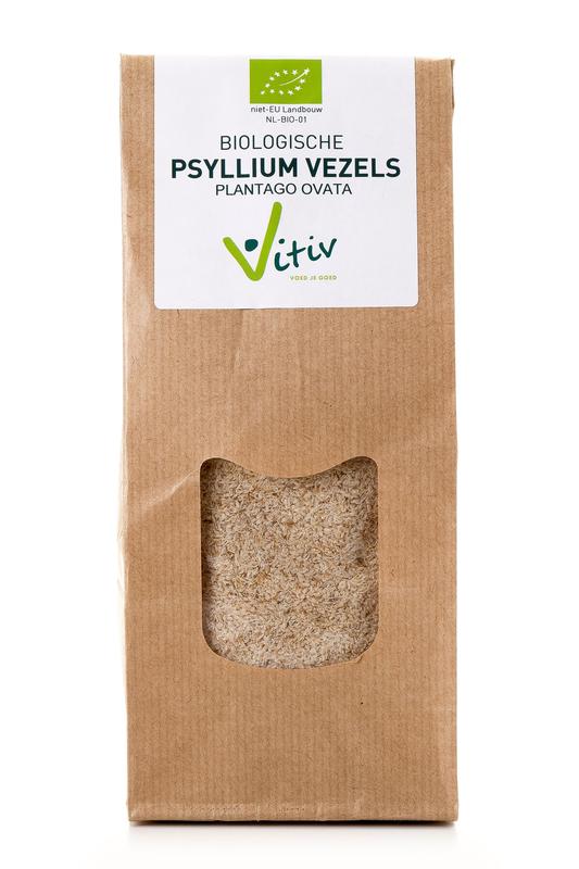 Vitiv Psyllium Husk Bio, 250g, raw superfood supplement with high fiber content, shown in a clear package.