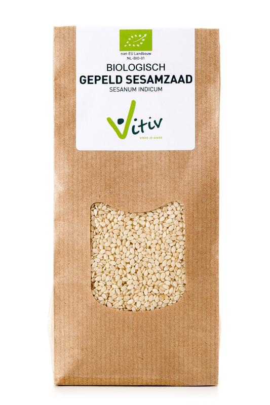 Vitiv organic raw white sesame seeds in 250g package, close-up of shelled sesame seeds for superfood use