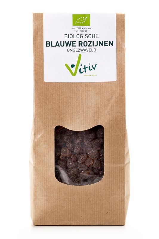 Vitiv Blauwe rozijnen klein bio in 500g package, displayed in a clear container on a white background.