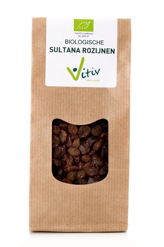 Vitiv Sultana rozijnen bio in 500g package, close-up of golden organic sultana raisins on a white background.